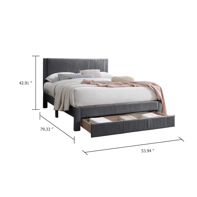 Daisy Full Bed w Drawer, Dark Gray Corduroy Upholstery, Foam Headboard