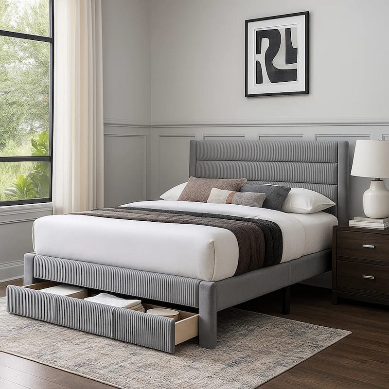 Daisy Full Bed w Drawer, Light Gray Corduroy Upholstery, Foam Headboard