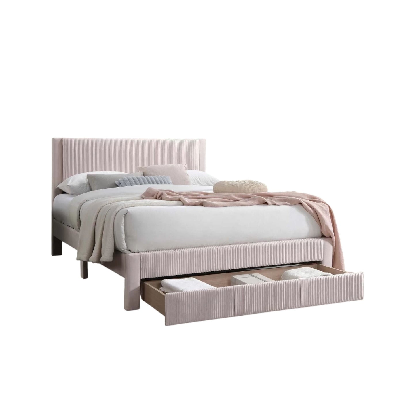 Daisy Full Bed w Drawer, Light Pink Corduroy Upholstery, Foam Headboard