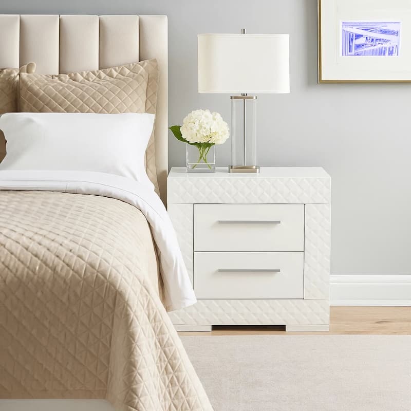 Dema 2 Drawer Nightstand, High Gloss White Textured Trim