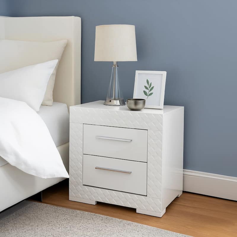 Dema 2 Drawer Nightstand, High Gloss White Textured Trim