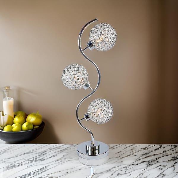 Denise 32 Inch Table Lamp, Metal Frame, Round Base Glass, Crystals, Silver
