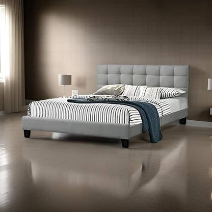 Dex Modern Platform Full Size Bed, Plush Tufted Upholstery, Light Gray