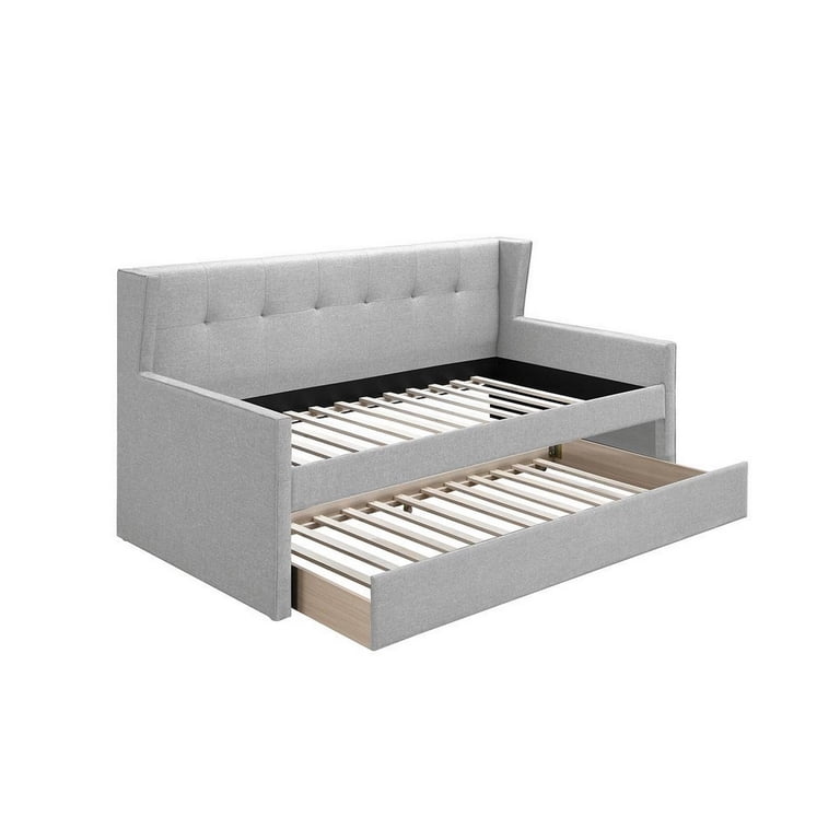 Diem Classic Wood Day Bed with Trundle, Button Tufted Back, Gray Burlap