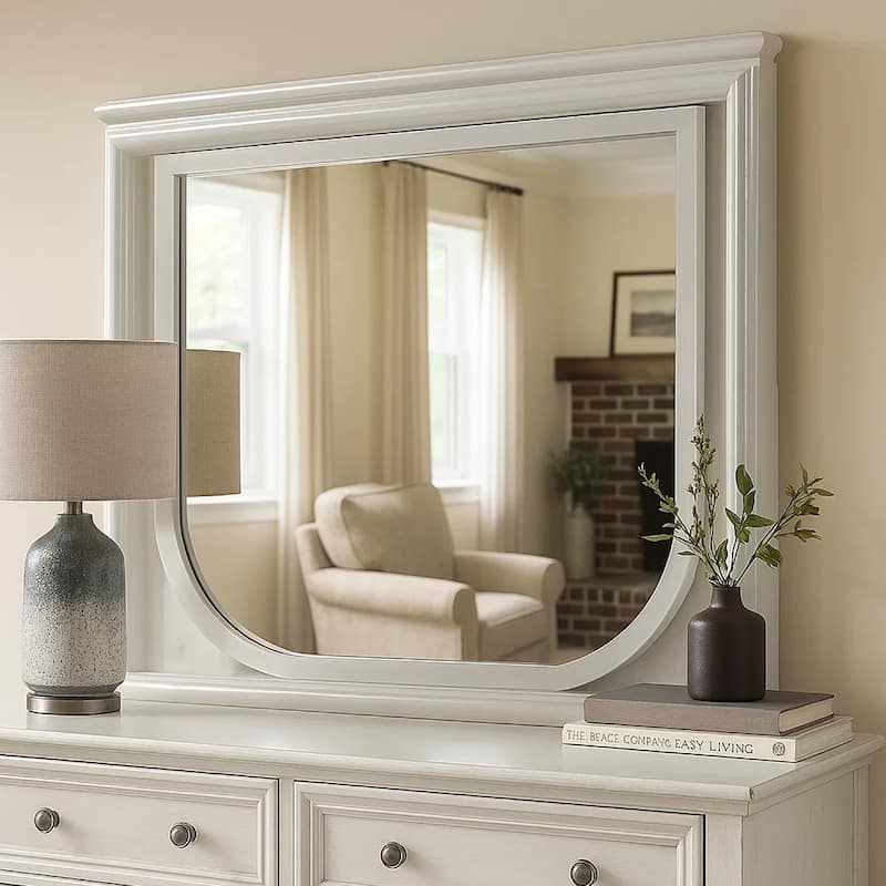 Dima Dresser Mirror, 38 Inch, White Rubberwood, Embossed Panels w LED