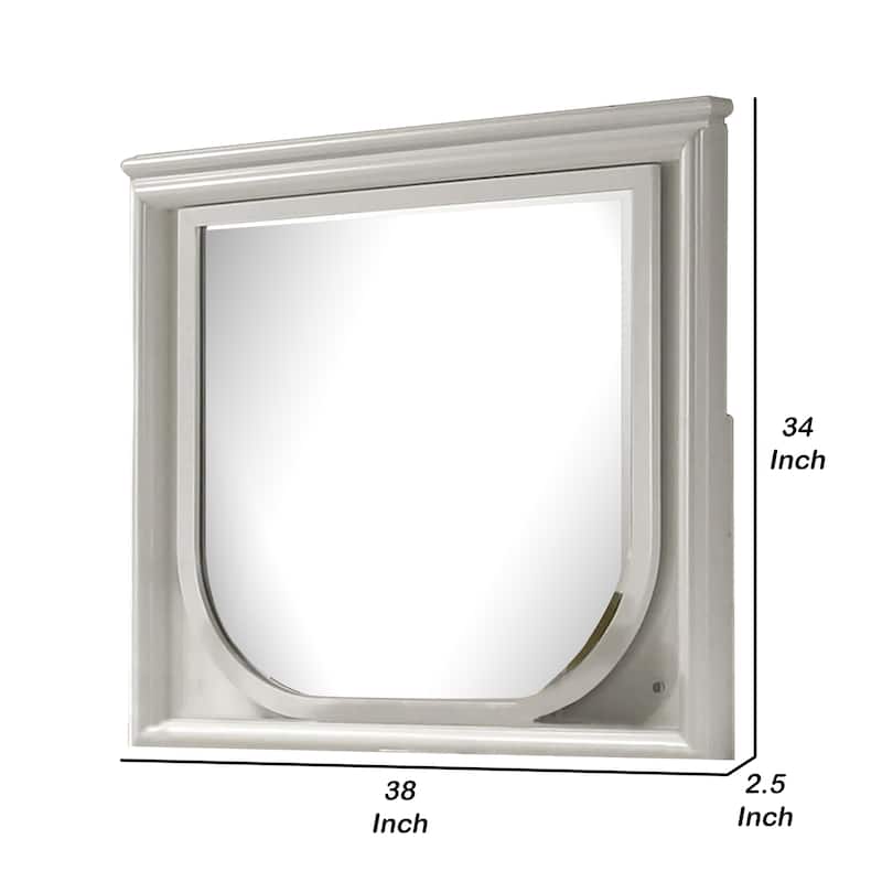 Dima Dresser Mirror, 38 Inch, White Rubberwood, Embossed Panels w LED
