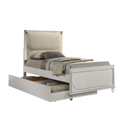 Dima Bed, Upholstered Headboard w LED, Pearl White, Clear Legs – Twin