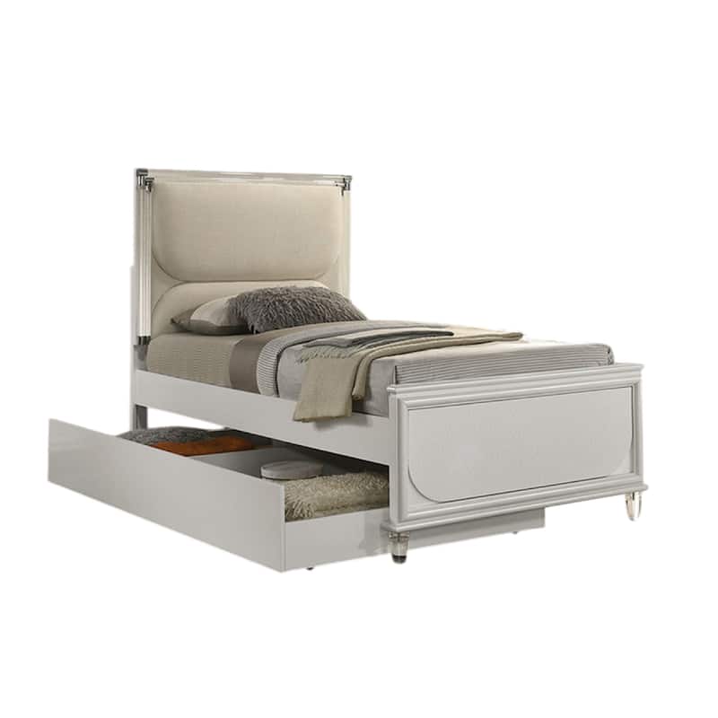 Dima Twin Bed, Upholstered Headboard w LED, Pearl White, Clear Legs