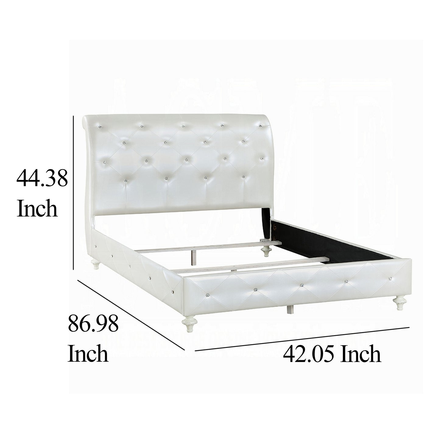 Dorie Twin Bed, Pearl White Faux Leather Victorian Carved w Crystals