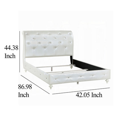 Dorie Twin Bed, Pearl White Faux Leather Victorian Carved w Crystals