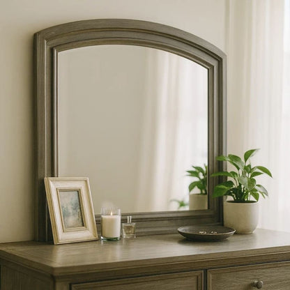 Dresser Mirror, Gray Pine Wood Frame, Farmhouse Carved Details 36x42