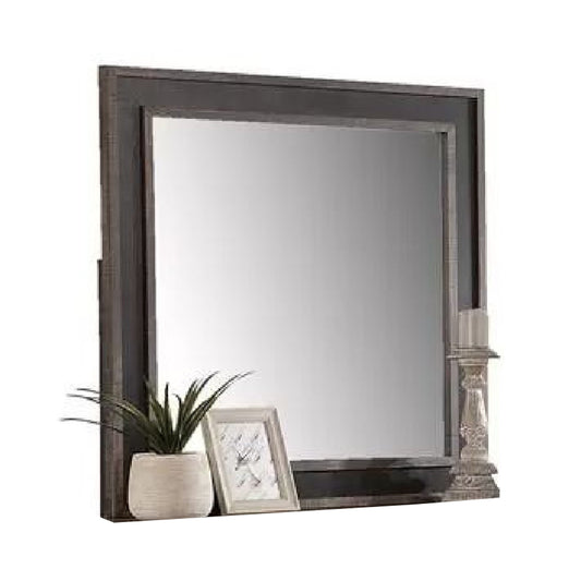 Dresser Mirror, Rustic Brown and Charcoal Gray Wood Frame, 36 Inch