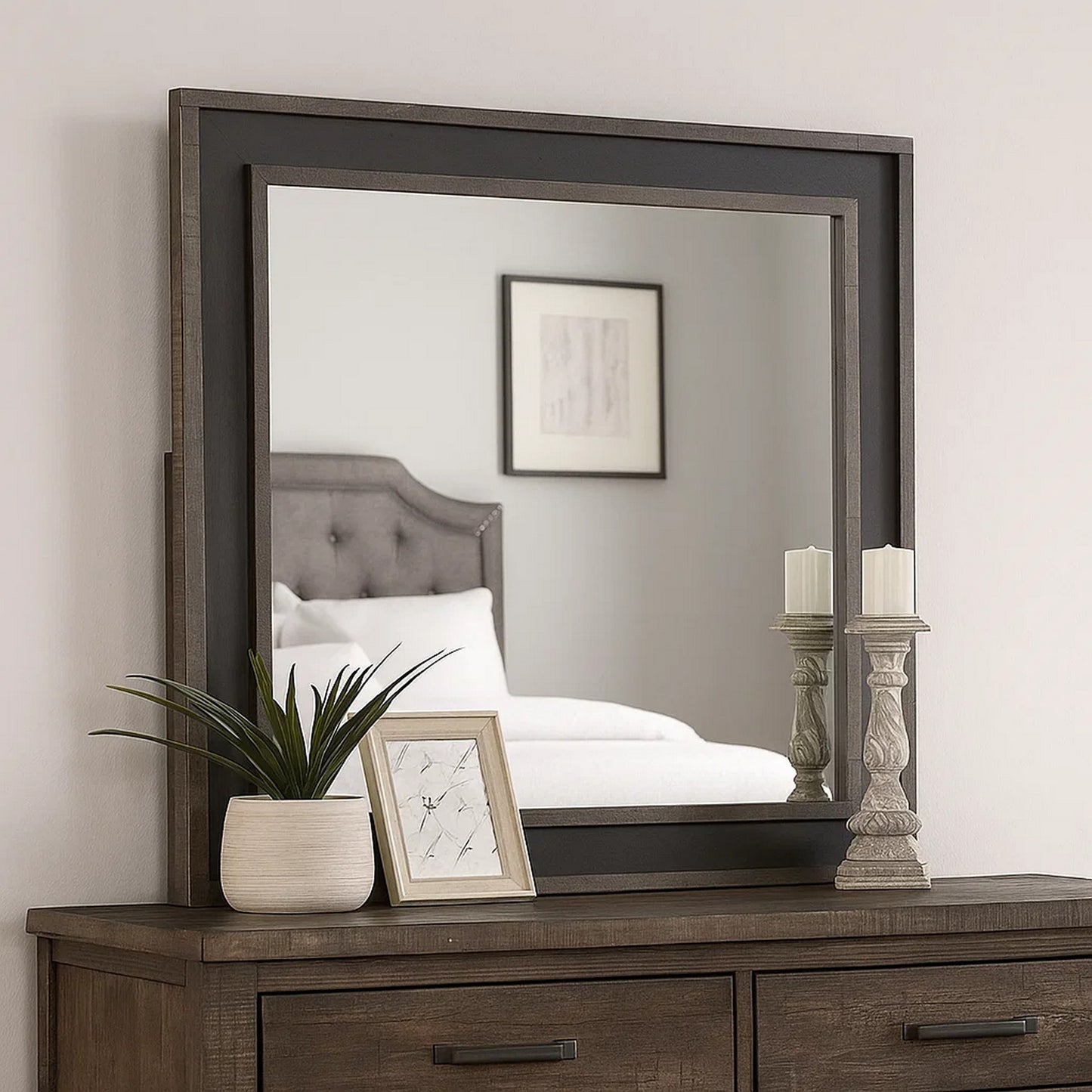Dresser Mirror, Rustic Brown and Charcoal Gray Wood Frame, 36 Inch