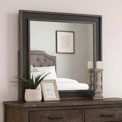 Dresser Mirror, Rustic Brown and Charcoal Gray Wood Frame, 36 Inch