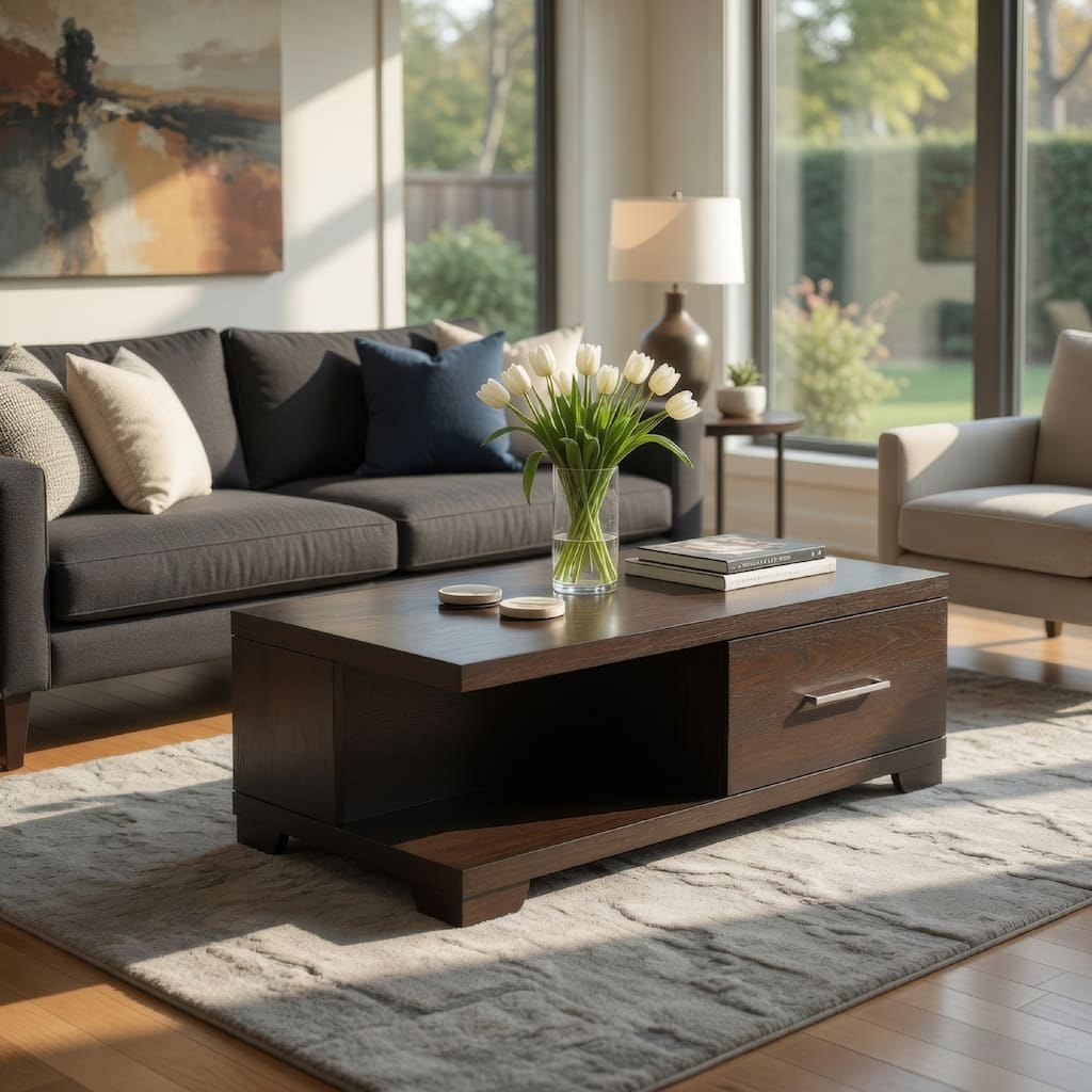 Duny Coffee Table with Open Shelf, 50 Inch, 1 Door, Espresso Brown