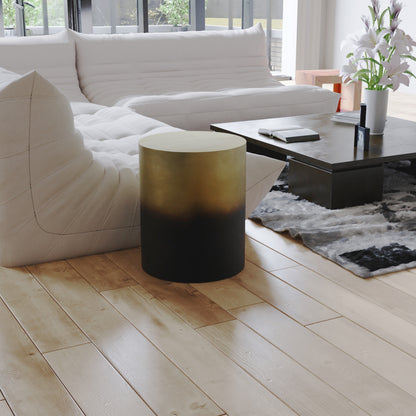Dyan 20 Inch Side End Table, Round Drum Shape, Black, Gold Antique Brass Ombre
