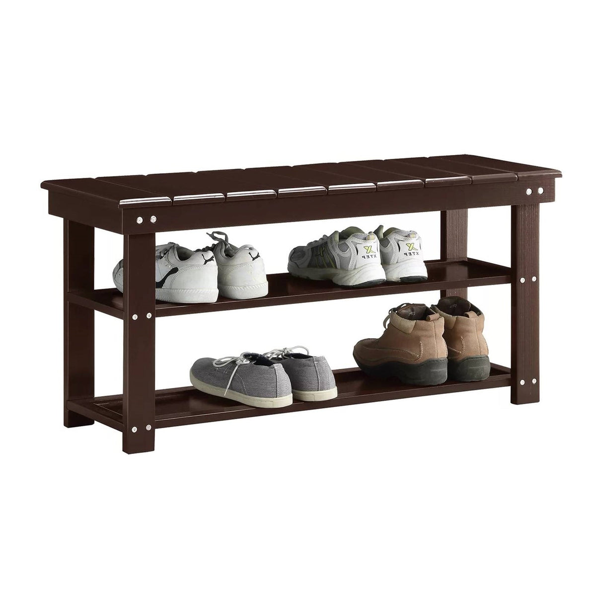 Wood 2-Shelf Shoe Rack Storage Bench For Entryway or Closet – Brown