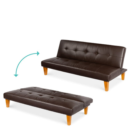 Convertible Faux Leather Tufted Lounge Futon Sofa Bed Adjustable Back in Brown