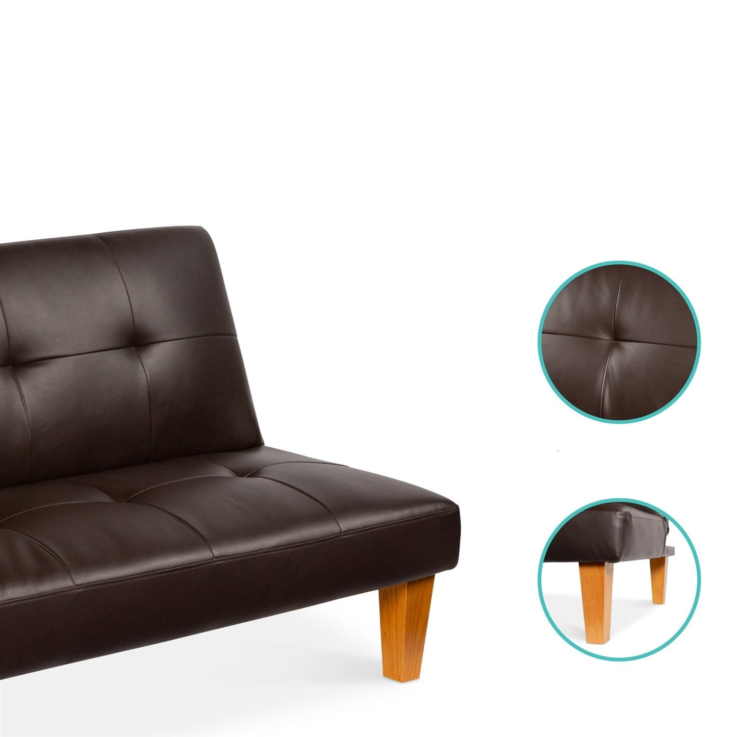 Convertible Faux Leather Tufted Lounge Futon Sofa Bed Adjustable Back in Brown