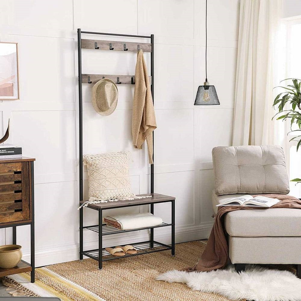 Modern Industrial Black Grey Entryway Coat Rack Shoe Bench with 2 Shelves — Chic Home-Decor