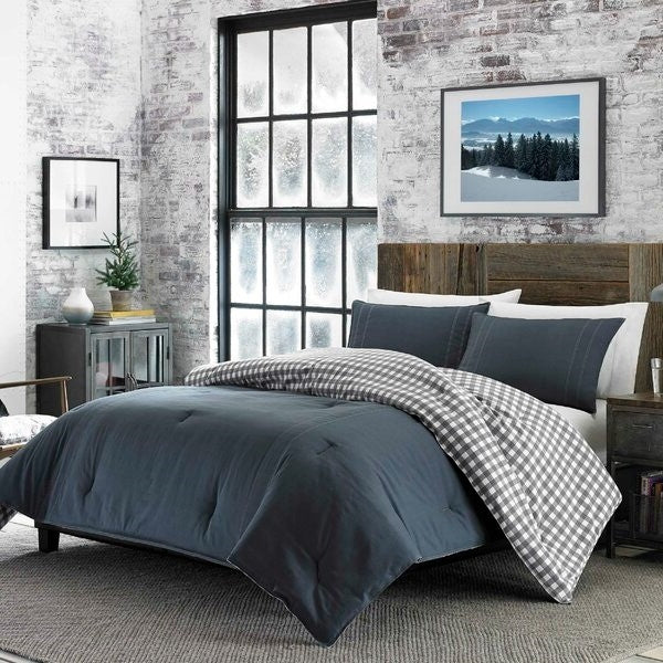 100% Cotton Reverse Plaid Gray/White Comforter Set – King