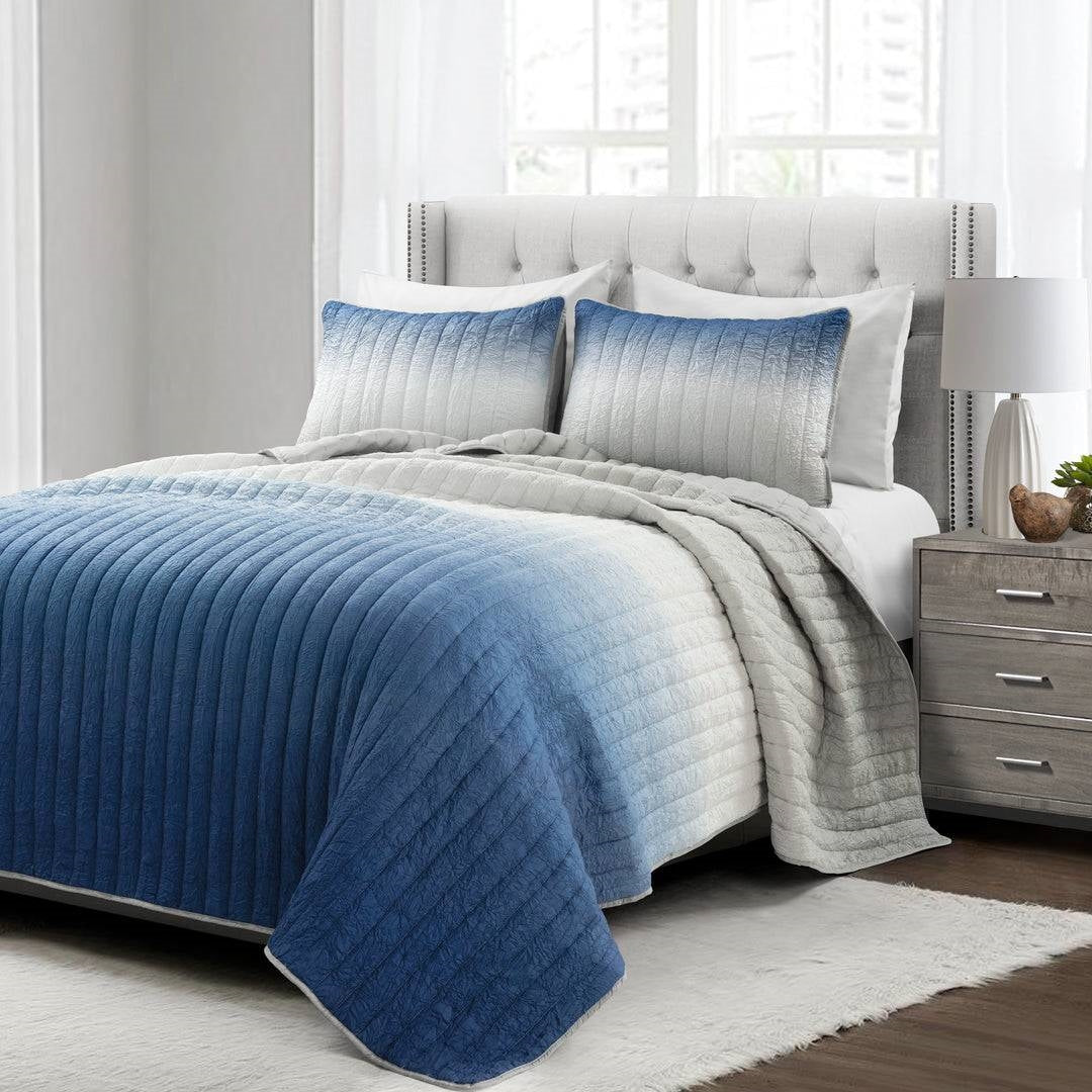 Full/Queen Navy Blue Grey Lightweight Wrinkle Fabric 3 Piece Quilt Set — Chic Home-Decor