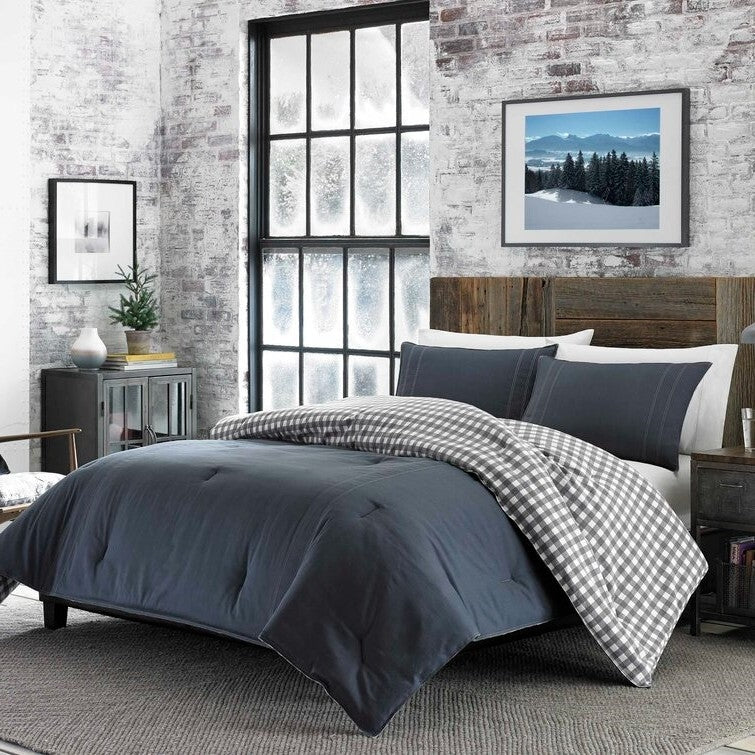 Full/Queen size 100% Cotton Reverse Plaid Gray/White Comforter Set — Chic Home-Decor