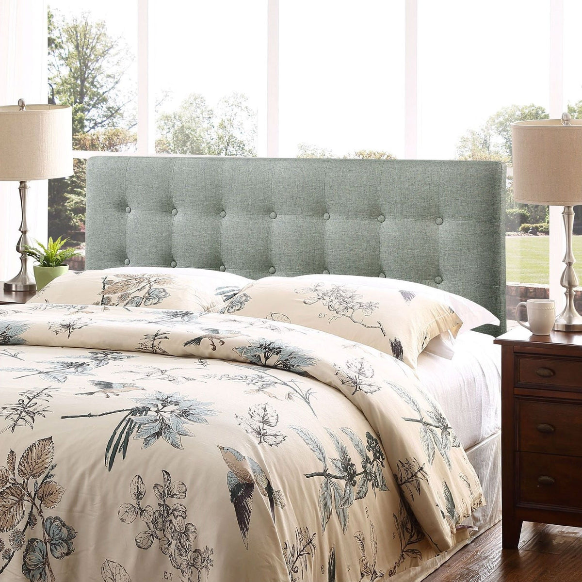Off-White Ivory Fabric Button-Tufted Upholstered Headboard