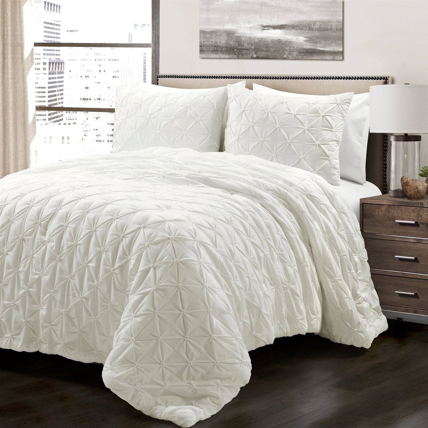 King Size Soft Pleated Cotton 3 Piece Comforter Set White — Chic Home-Decor