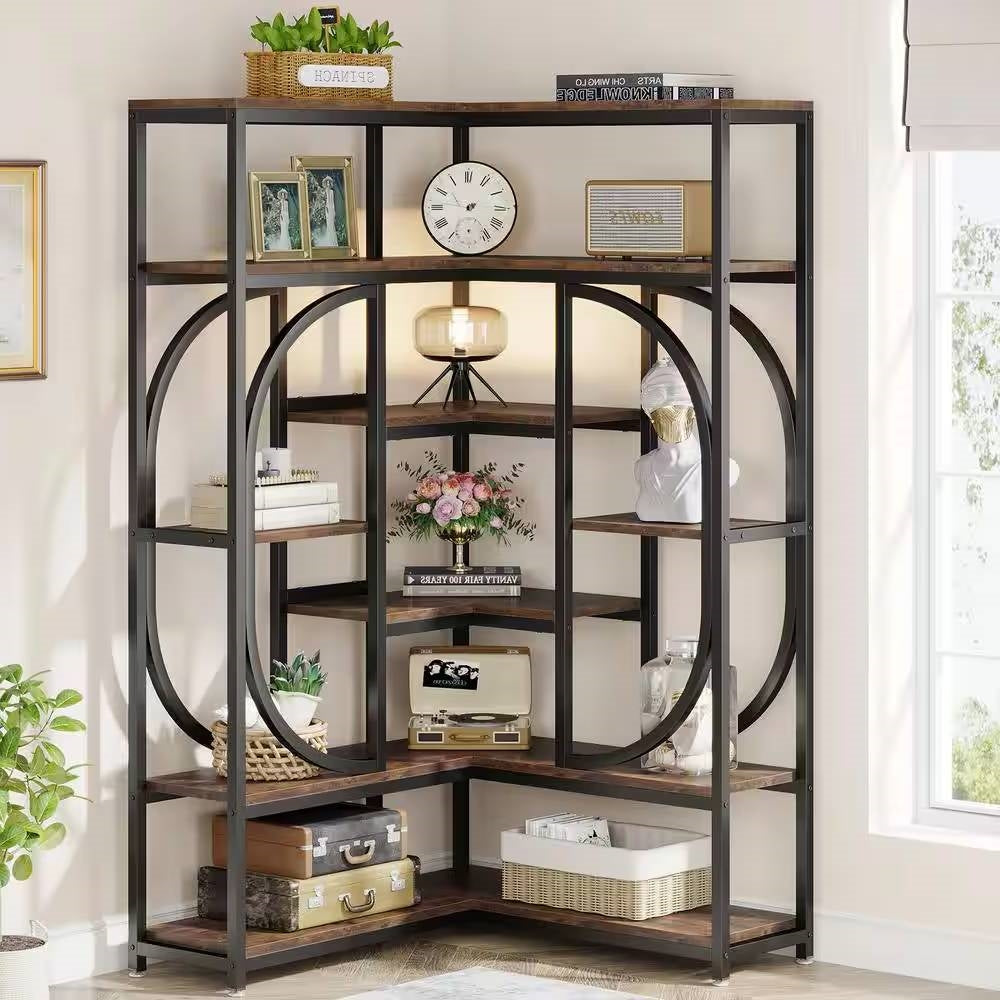 67-inch Tall Modern Industrial Metal Wood Corner Bookcase — Chic Home-Decor