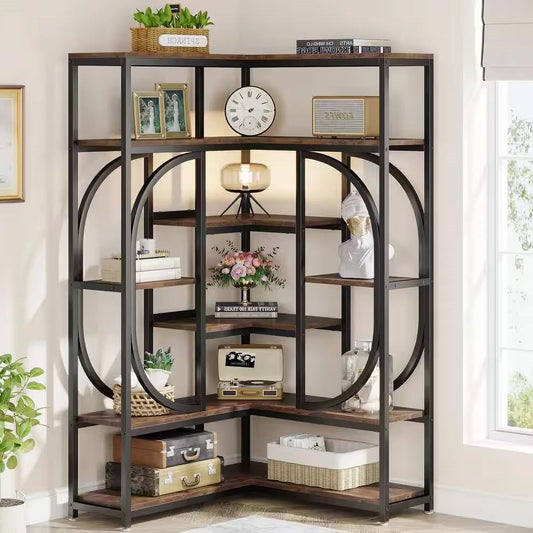 67-inch Tall Modern Industrial Metal Wood Corner Bookcase — Chic Home-Decor