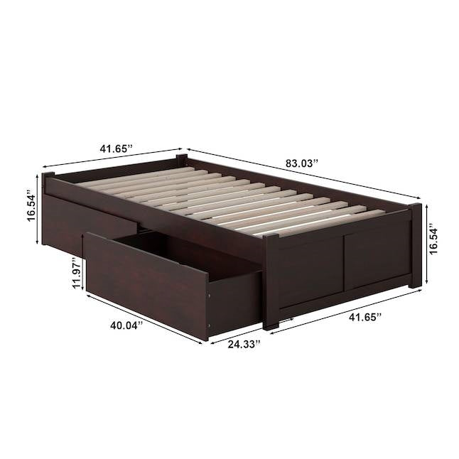 Twin XL Platform Bed Frame with 2 Storage Drawers in Espresso