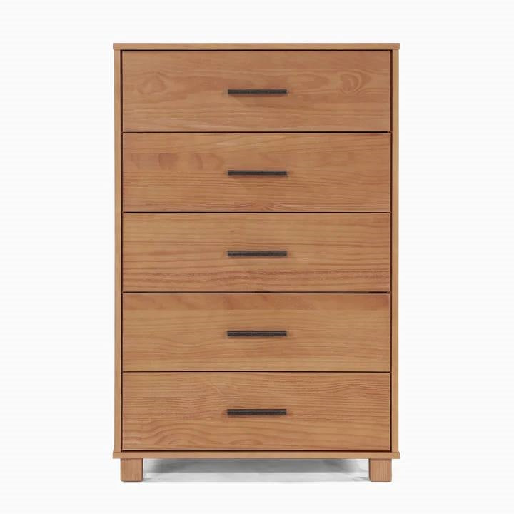 Modern Farmhouse Solid Wood 5 Drawer Bedroom Chest in Light Brown Finish — Chic Home-Decor