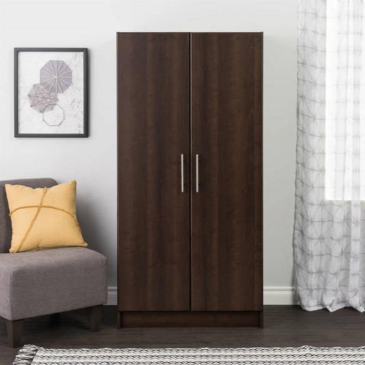 Bedroom Armoire Wardrobe Cabinet with Hanging Rail in Dark Brown Wood Finish — Chic Home-Decor