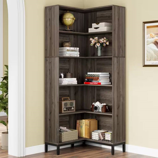 71-inch High Corner Bookcase Bookshelf in Dark Gray Wood Finish — Chic Home-Decor