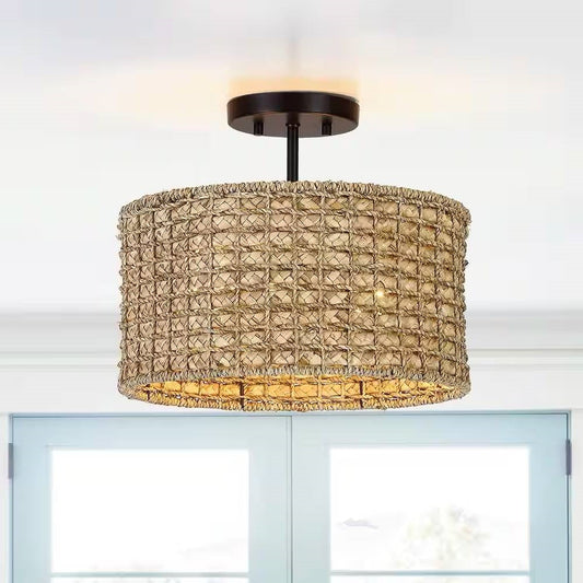 Bohemian 13.6-inch Round Rattan Drum 2-Light Ceiling Light - Semi-Flush Mount — Chic Home-Decor