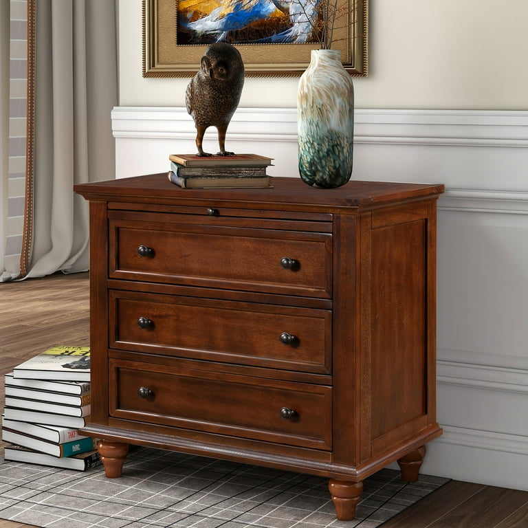 Wooden Night Stand With 3 Drawers In Cherry Brown