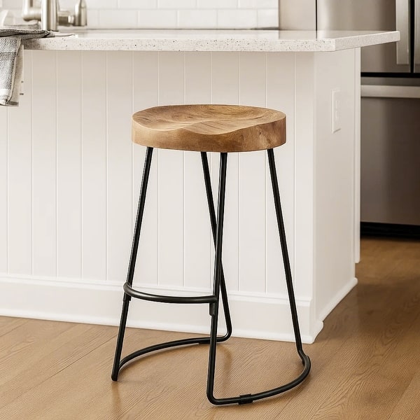 Ela 30 Inch Mango Wood Bar Stool, Saddle Seat, Iron Frame, Brown and Black