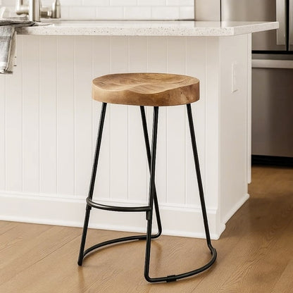 Ela 30 Inch Mango Wood Bar Stool, Saddle Seat, Iron Frame, Brown and Black