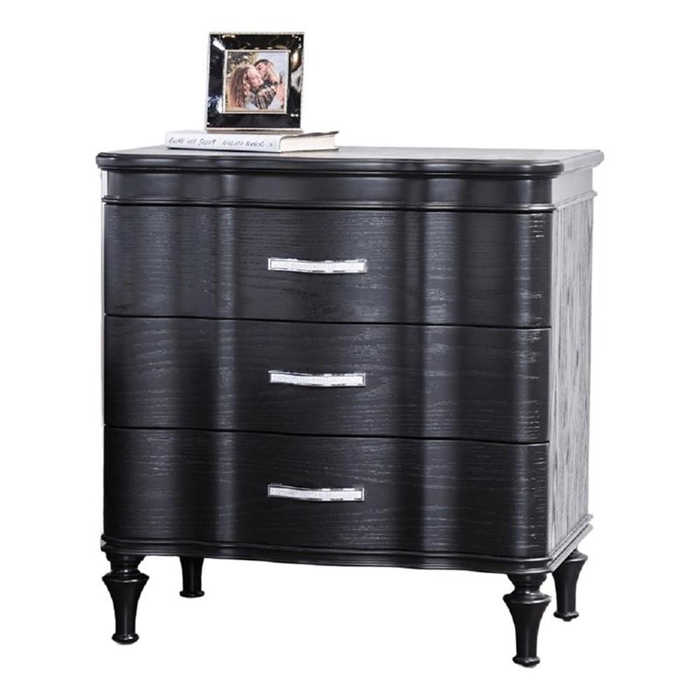 Eleena Nightstand, 3 Drawers, Black Solid Wood, Metal Handles, 28 Inch