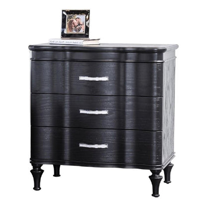 Eleena Nightstand, 3 Drawers, Black Solid Wood, Metal Handles, 28 Inch