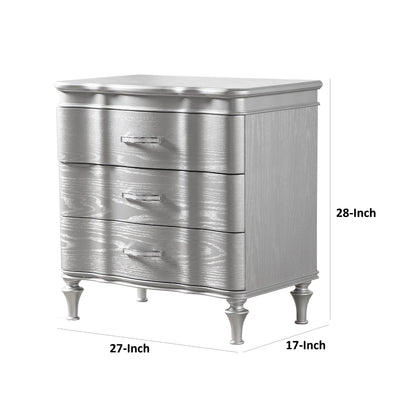 Eleena Nightstand, 3 Drawers, Black Solid Wood, Metal Handles, 28 Inch