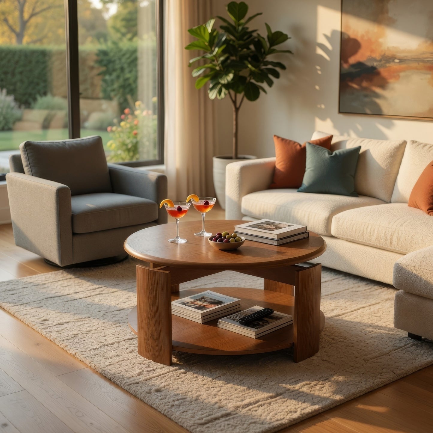 Eli Coffee Table, 40 Inch Round Swivel Top, Lower Open Shelf, Brown