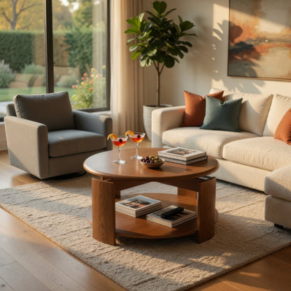 Eli Coffee Table, 40 Inch Round Swivel Top, Lower Open Shelf, Brown