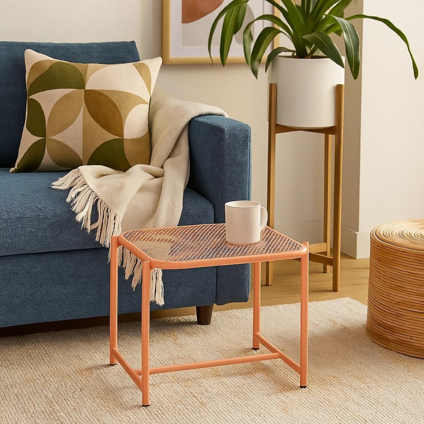 Elie Outdoor Side End Table, 20 Inch Mesh Top, Orange Metal Sled Base