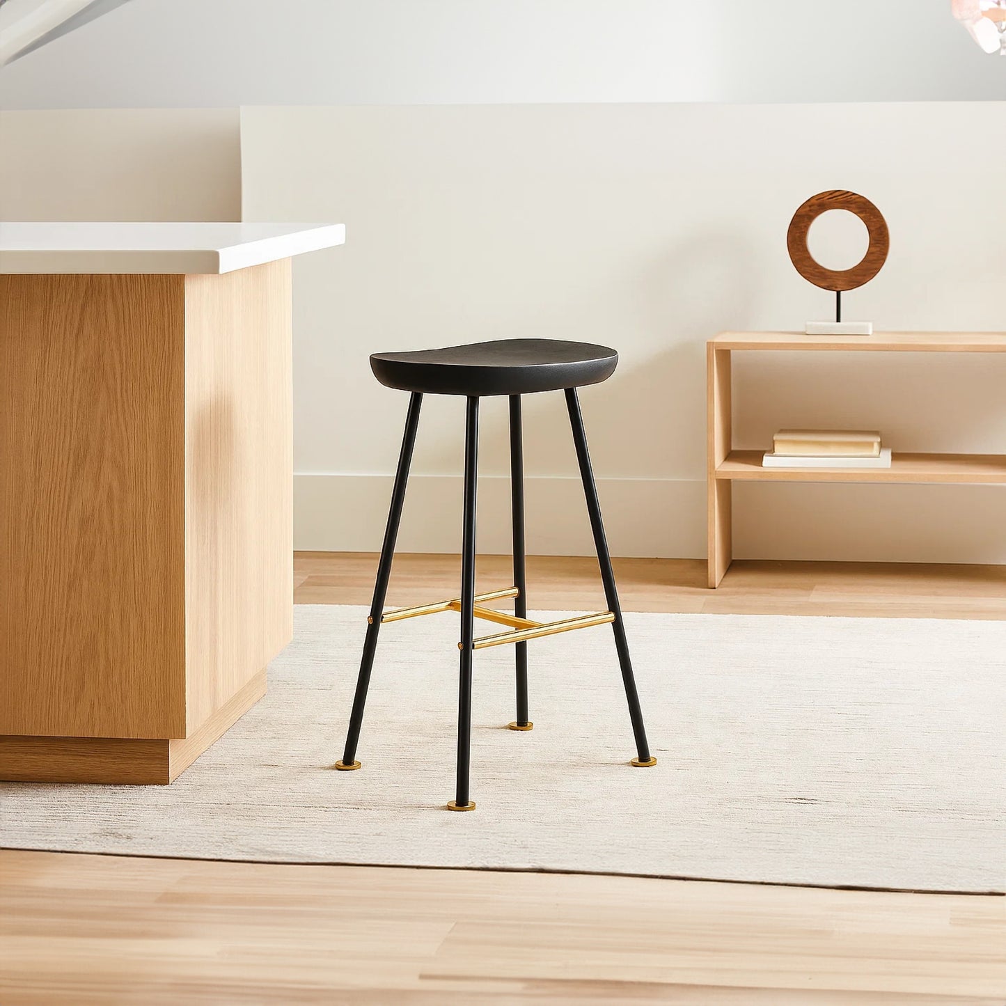 Elira 24" Backless Counter Stool with Mango Wood Saddle Seat | Black Iron Legs | Gold Footrest