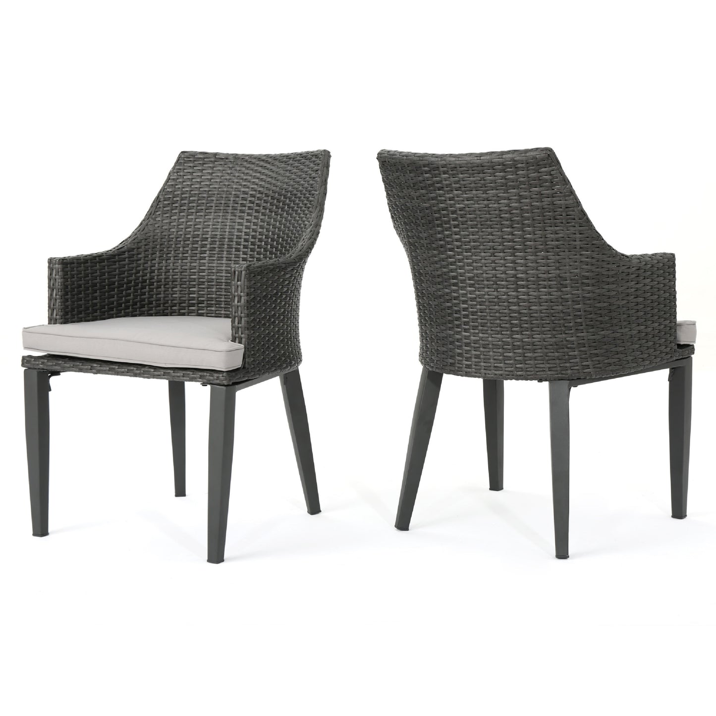 Ellish Outdoor Dining Armchair Set of 2, Gray Faux Wicker, Metal Frame