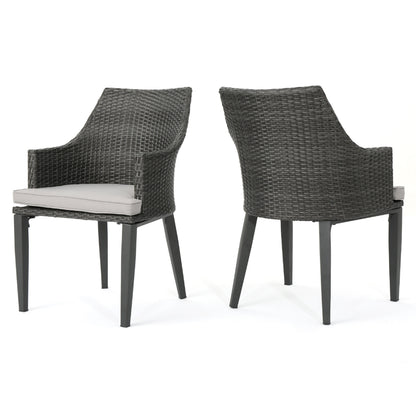 Ellish Outdoor Dining Armchair Set of 2, Gray Faux Wicker, Metal Frame