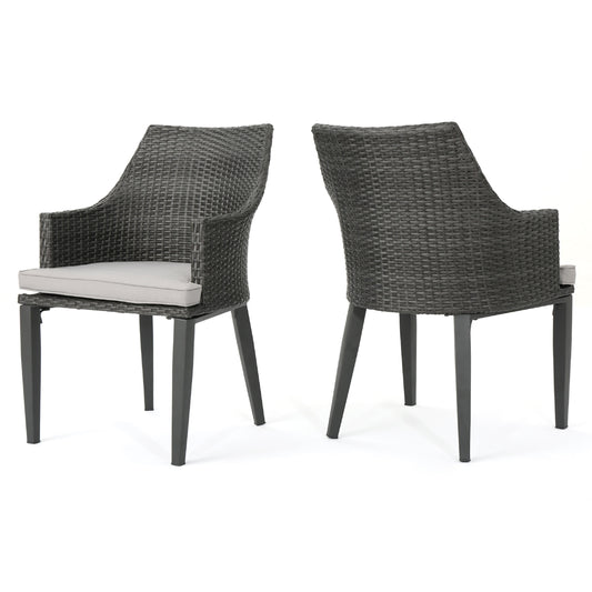 Ellish Outdoor Dining Armchair Set of 2, Gray Faux Wicker, Metal Frame
