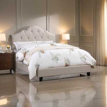 Eni Upholstered Full Size Bed, Tufted Adjustable Headboard, Taupe Fabric